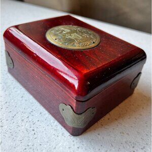 Japanese Wooden Jewelry Box With Brass Engraved Deer Design & Metal Corner Accen